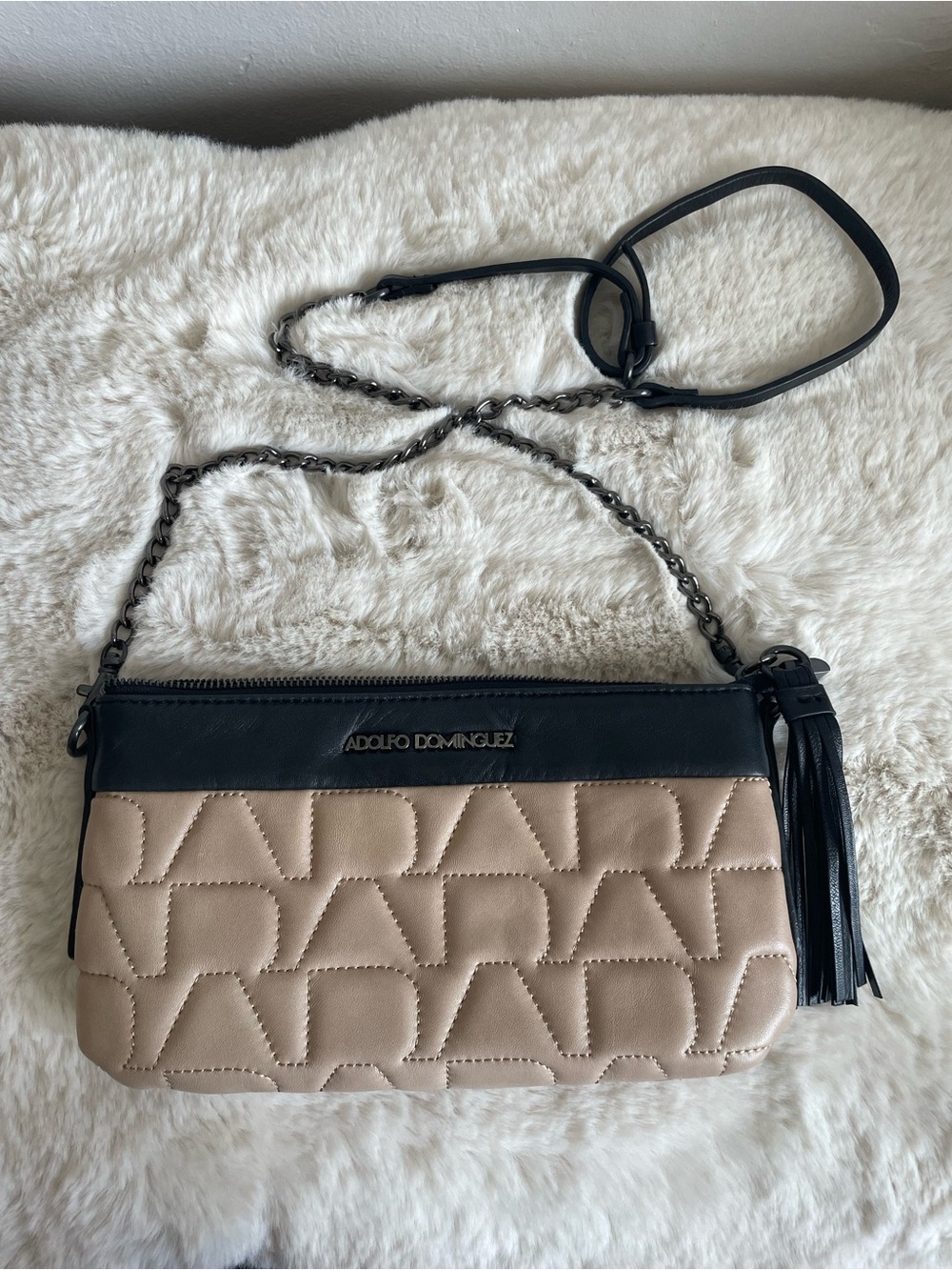 Adolfo Dominguez Beige Quilted Crossbody with Black Trim and Tassel